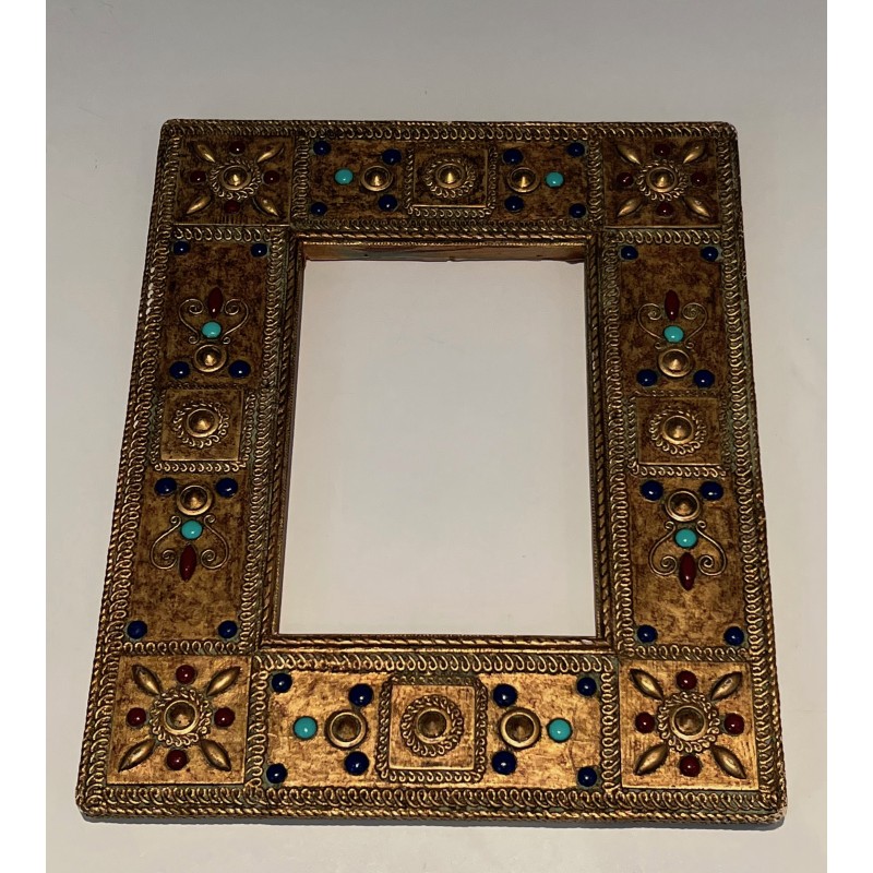 Small Rectangular Ceramic Frame with Semi-Precious Stone Incrustations, French Work, Circa 1970