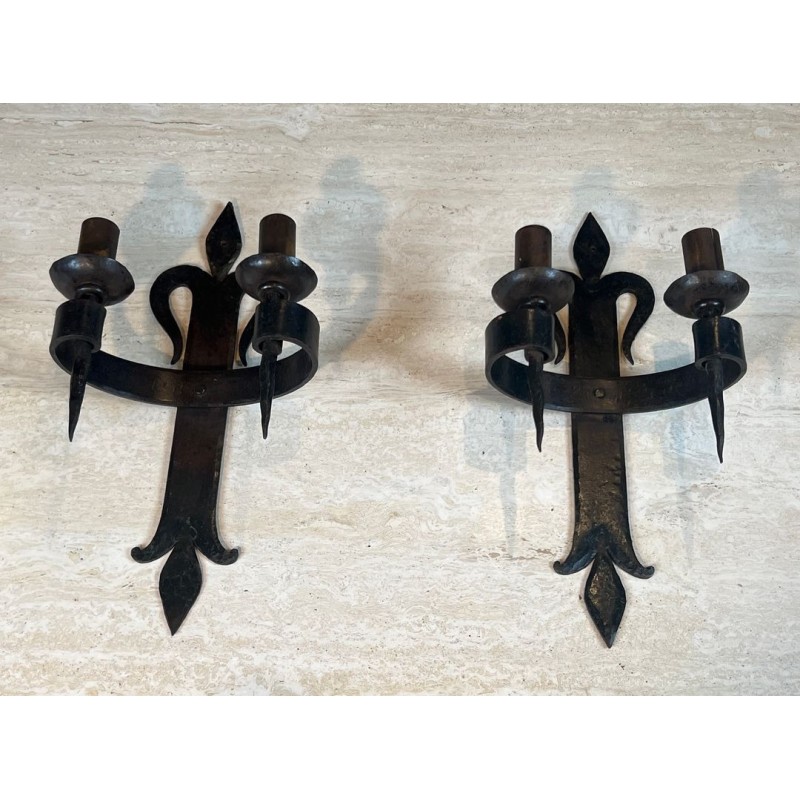 Large Pair of "Fleurs de Lys" Wrought Iron Wall Lights with 2 Arms in the Gothic Style