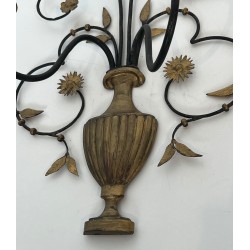Pair of Large Decorative Wrought and Gilded Iron Wall Lights in the Form of Flower Bouquets, French Work, Circa 1940