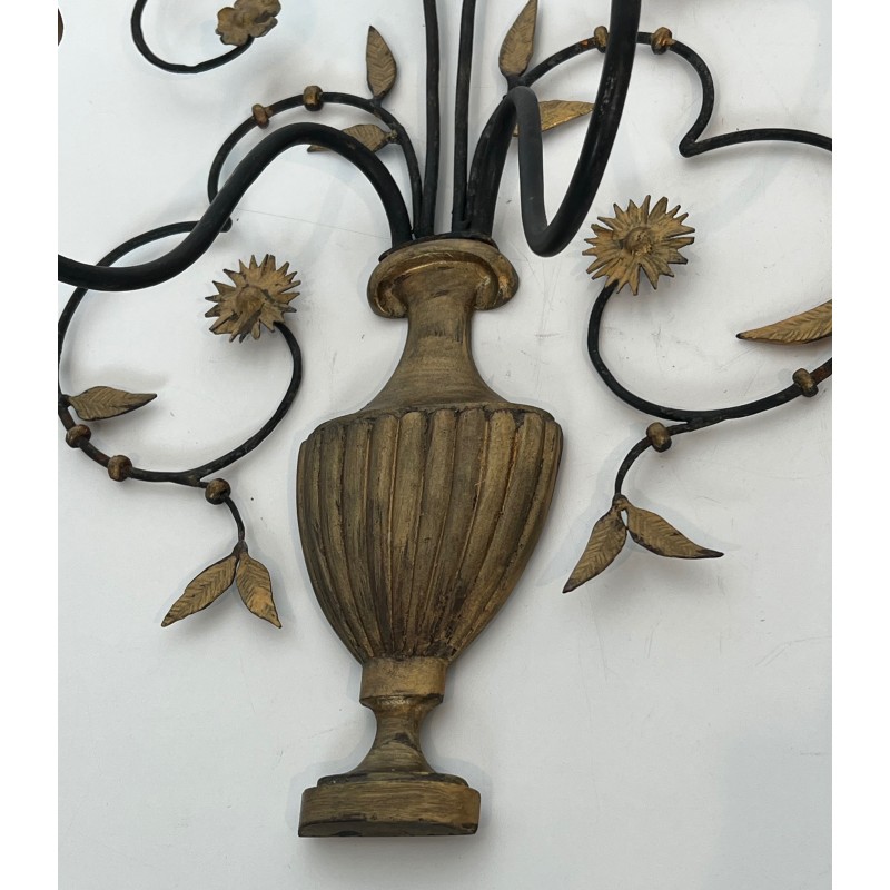 Pair of Large Decorative Wrought and Gilded Iron Wall Lights in the Form of Flower Bouquets, French Work, Circa 1940