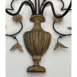 Pair of Large Decorative Wrought and Gilded Iron Wall Lights in the Form of Flower Bouquets, French Work, Circa 1940