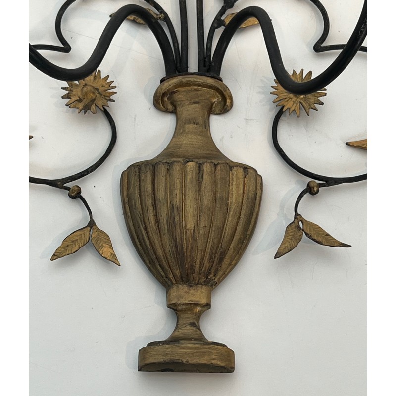 Pair of Large Decorative Wrought and Gilded Iron Wall Lights in the Form of Flower Bouquets, French Work, Circa 1940