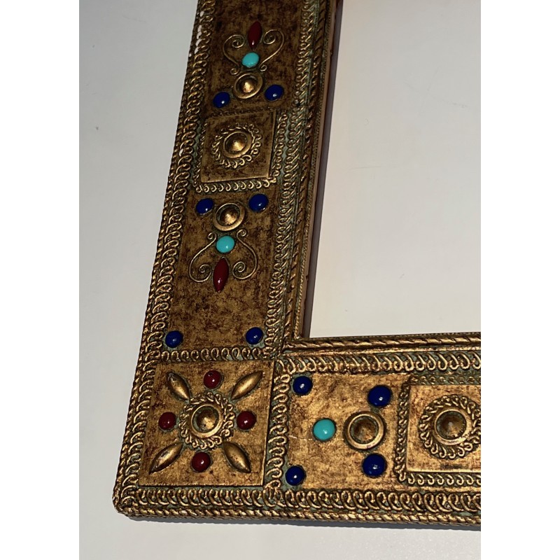 Small Rectangular Ceramic Frame with Semi-Precious Stone Incrustations, French Work, Circa 1970