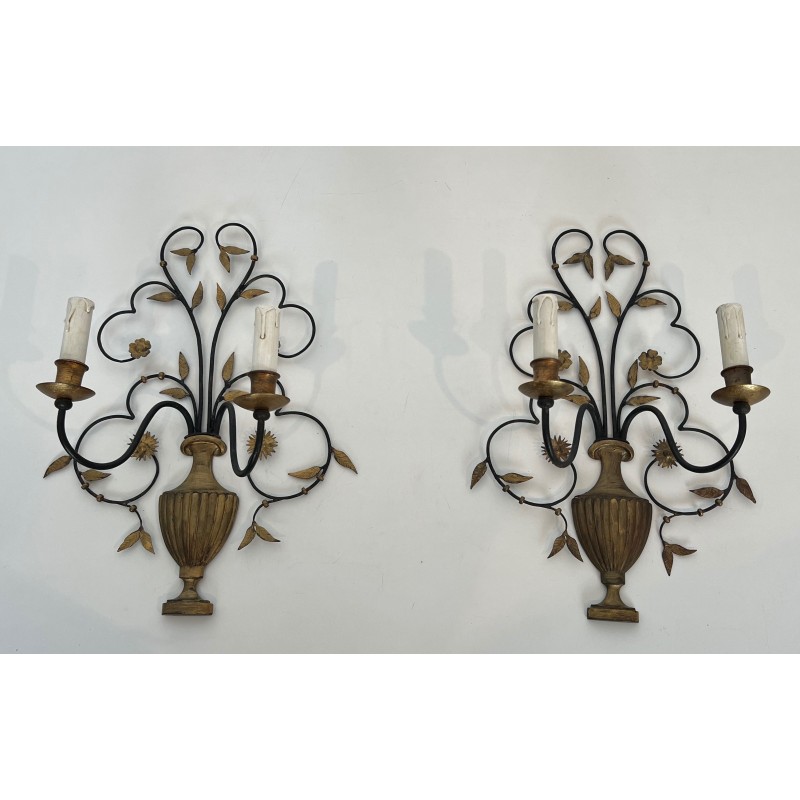 Pair of Large Decorative Wrought and Gilded Iron Wall Lights in the Form of Flower Bouquets, French Work, Circa 1940