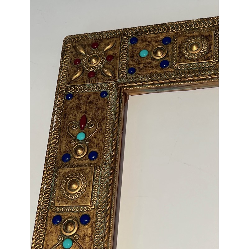 Small Rectangular Ceramic Frame with Semi-Precious Stone Incrustations, French Work, Circa 1970