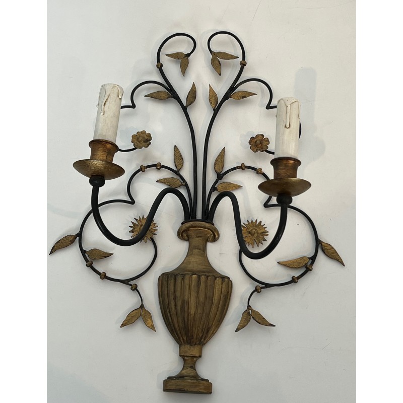 Pair of Large Decorative Wrought and Gilded Iron Wall Lights in the Form of Flower Bouquets, French Work, Circa 1940