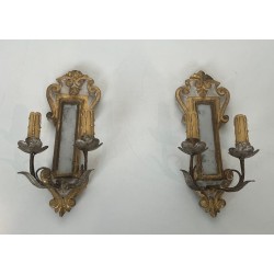 Pair of Art Déco Carved Wood Wall Lights with Mirror | Italian Work, circa 1935
