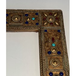 Small Rectangular Ceramic Frame with Semi-Precious Stone Incrustations, French Work, Circa 1970