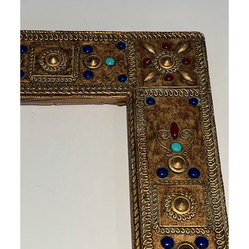 Small Rectangular Ceramic Frame with Semi-Precious Stone Incrustations, French Work, Circa 1970