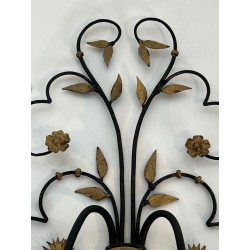 Pair of Large Decorative Wrought and Gilded Iron Wall Lights in the Form of Flower Bouquets, French Work, Circa 1940