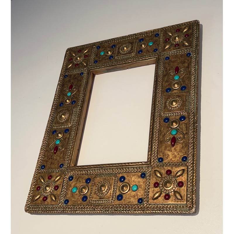 Small Rectangular Ceramic Frame with Semi-Precious Stone Incrustations, French Work, Circa 1970