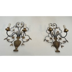 Pair of Large Decorative Wrought and Gilded Iron Wall Lights in the Form of Flower Bouquets, French Work, Circa 1940