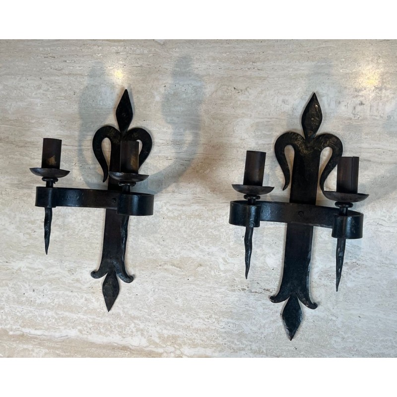 Large Pair of "Fleurs de Lys" Wrought Iron Wall Lights with 2 Arms in the Gothic Style