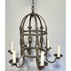 Six-Arm Gothic Style Wrought Iron Cage Chandelier, French Work, Circa 1950