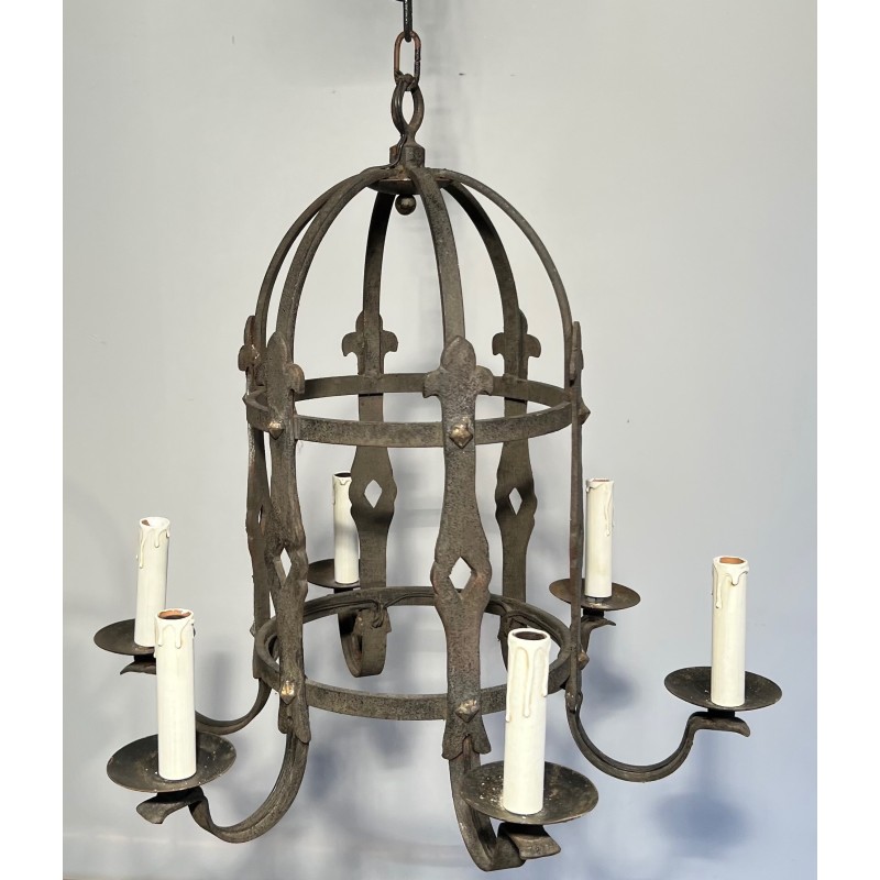 Lustre Cage à Six Bras de Lumière en Fer Forgé de Style Gothique, Travail Français, Vers 1950