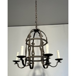 Six-Arm Gothic Style Wrought Iron Cage Chandelier, French Work, Circa 1950