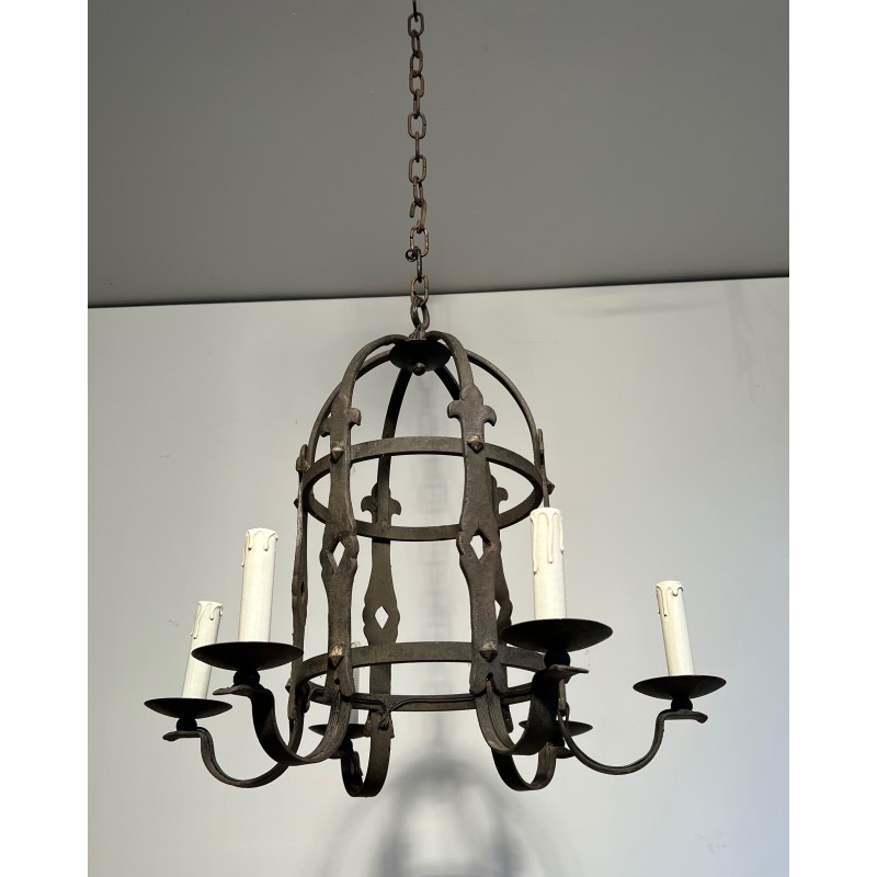 Six-Arm Gothic Style Wrought Iron Cage Chandelier, French Work, Circa 1950
