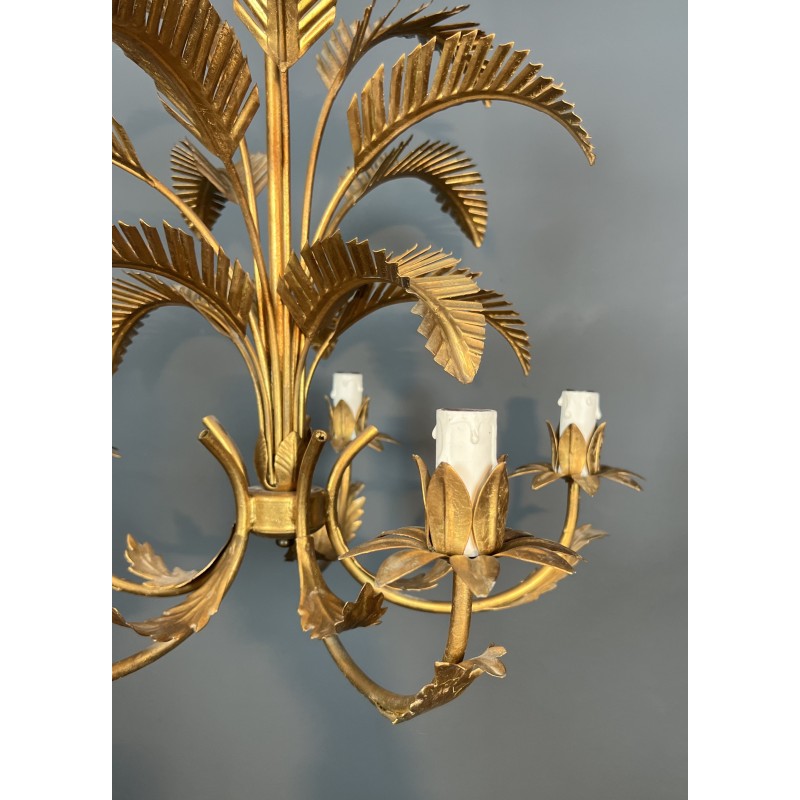 Five-Arm Gilt Iron Palm Tree Chandelier in the Style of Coco Chanel, French Work, Circa 1970