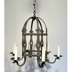 Six-Arm Gothic Style Wrought Iron Cage Chandelier, French Work, Circa 1950