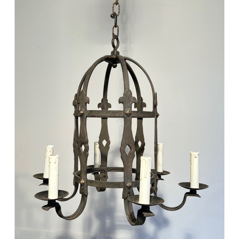 Six-Arm Gothic Style Wrought Iron Cage Chandelier, French Work, Circa 1950