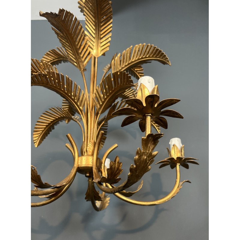 Lustre Palmier à Cinq Bras de Lumière en Métal Doré de Style Coco Chanel, Travail Français, Vers 1970