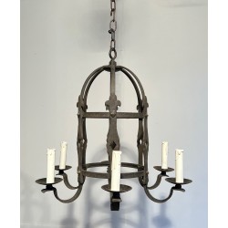 Lustre Cage à Six Bras de Lumière en Fer Forgé de Style Gothique, Travail Français, Vers 1950