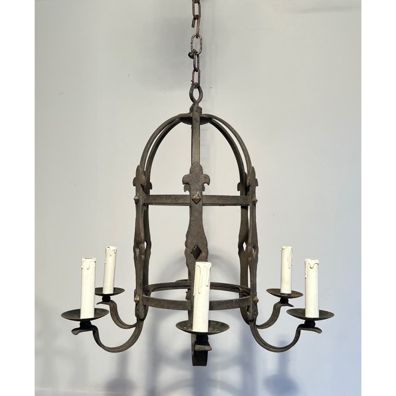 Lustre Cage à Six Bras de Lumière en Fer Forgé de Style Gothique, Travail Français, Vers 1950