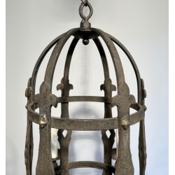 Six-Arm Gothic Style Wrought Iron Cage Chandelier, French Work, Circa 1950
