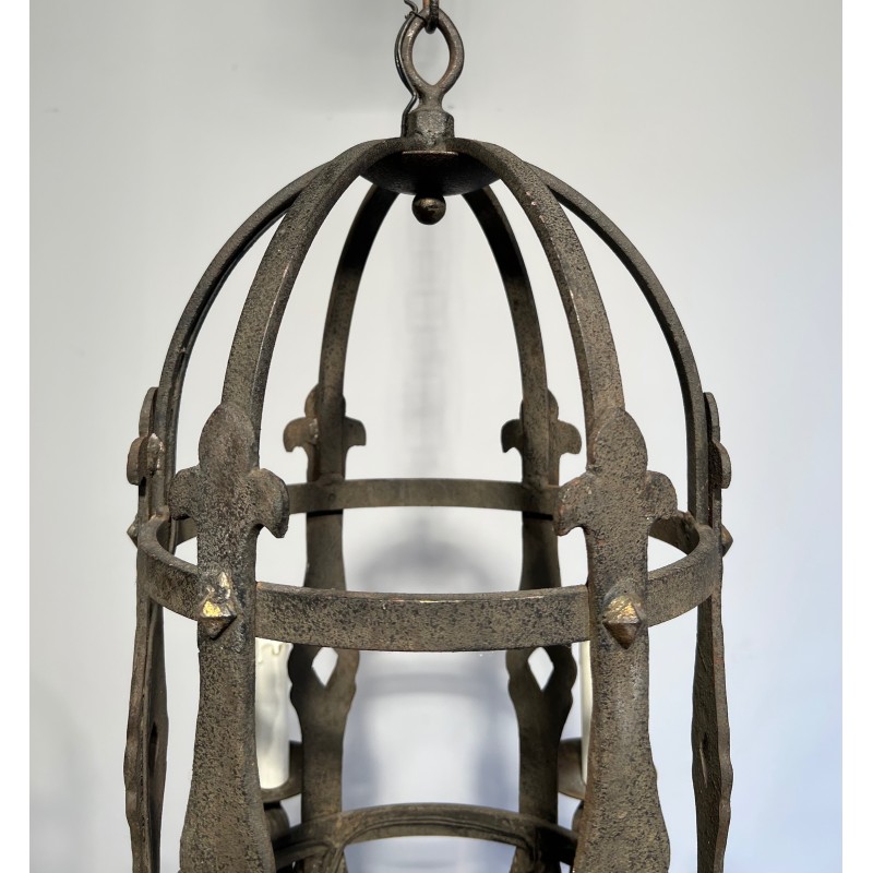 Six-Arm Gothic Style Wrought Iron Cage Chandelier, French Work, Circa 1950