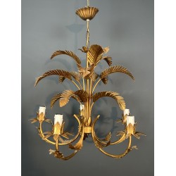 Five-Arm Gilt Iron Palm Tree Chandelier in the Style of Coco Chanel, French Work, Circa 1970