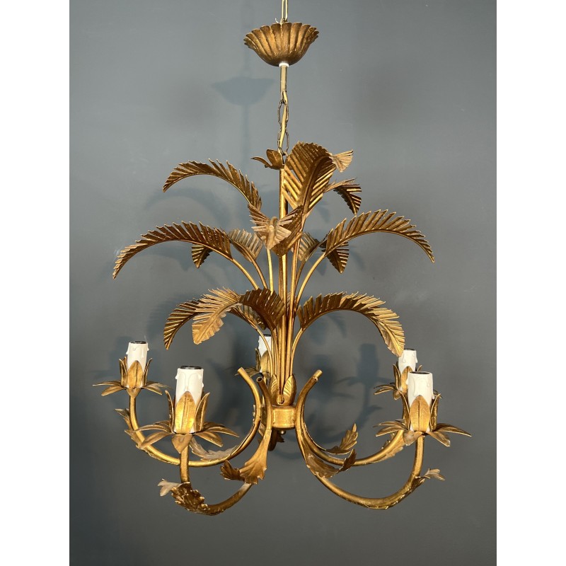 Lustre Palmier à Cinq Bras de Lumière en Métal Doré de Style Coco Chanel, Travail Français, Vers 1970
