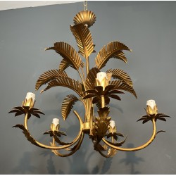 Lustre Palmier à Cinq Bras de Lumière en Métal Doré de Style Coco Chanel, Travail Français, Vers 1970
