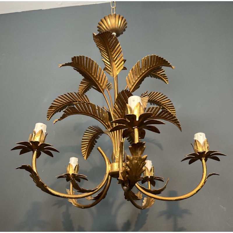 Lustre Palmier à Cinq Bras de Lumière en Métal Doré de Style Coco Chanel, Travail Français, Vers 1970