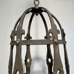 Lustre Cage à Six Bras de Lumière en Fer Forgé de Style Gothique, Travail Français, Vers 1950