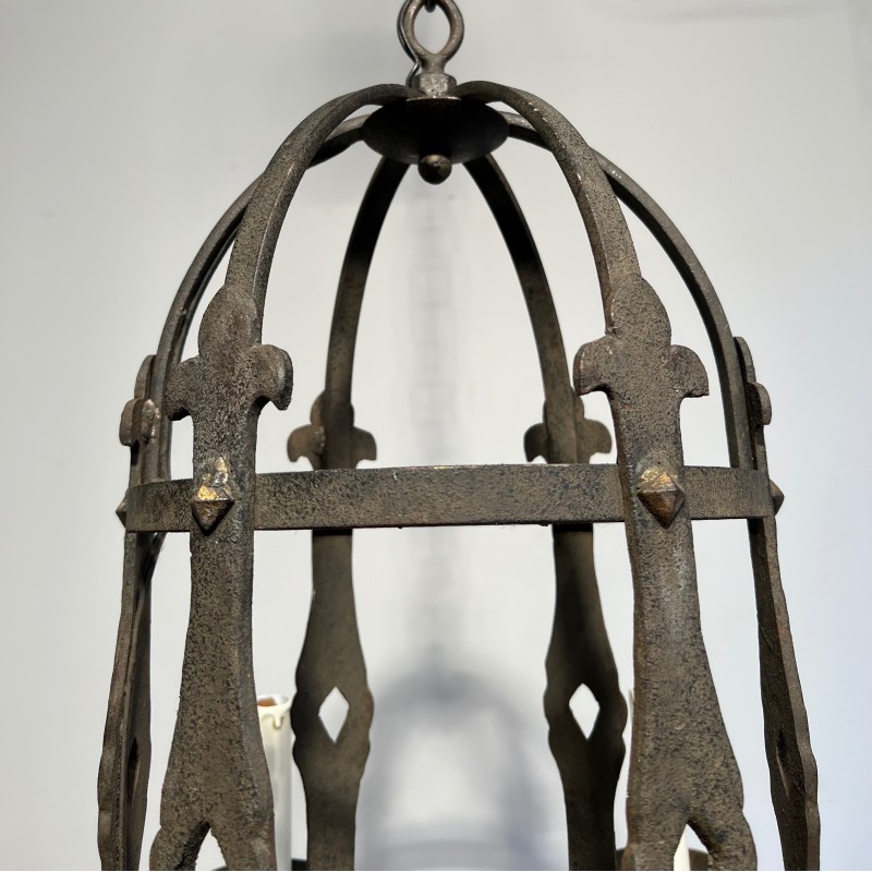 Lustre Cage à Six Bras de Lumière en Fer Forgé de Style Gothique, Travail Français, Vers 1950