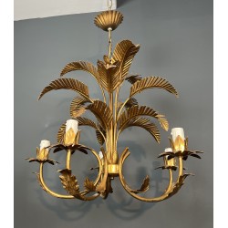 Lustre Palmier à Cinq Bras de Lumière en Métal Doré de Style Coco Chanel, Travail Français, Vers 1970