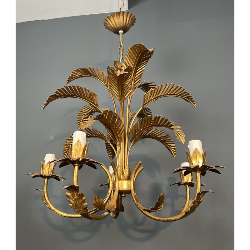 Five-Arm Gilt Iron Palm Tree Chandelier in the Style of Coco Chanel, French Work, Circa 1970