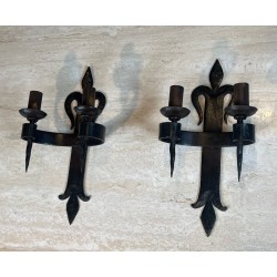 Large Pair of "Fleurs de Lys" Wrought Iron Wall Lights with 2 Arms in the Gothic Style
