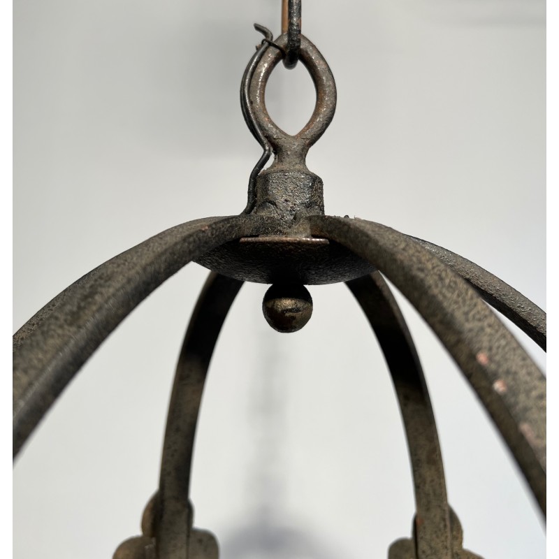 Six-Arm Gothic Style Wrought Iron Cage Chandelier, French Work, Circa 1950