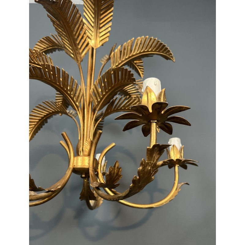 Five-Arm Gilt Iron Palm Tree Chandelier in the Style of Coco Chanel, French Work, Circa 1970