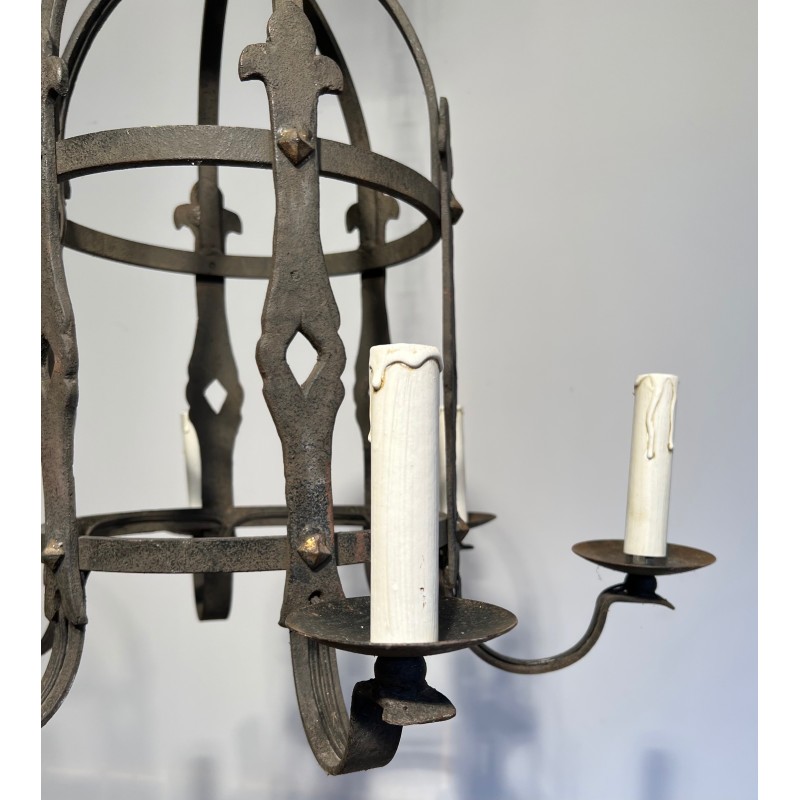Six-Arm Gothic Style Wrought Iron Cage Chandelier, French Work, Circa 1950