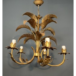 Lustre Palmier à Cinq Bras de Lumière en Métal Doré de Style Coco Chanel, Travail Français, Vers 1970