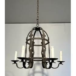 Six-Arm Gothic Style Wrought Iron Cage Chandelier, French Work, Circa 1950