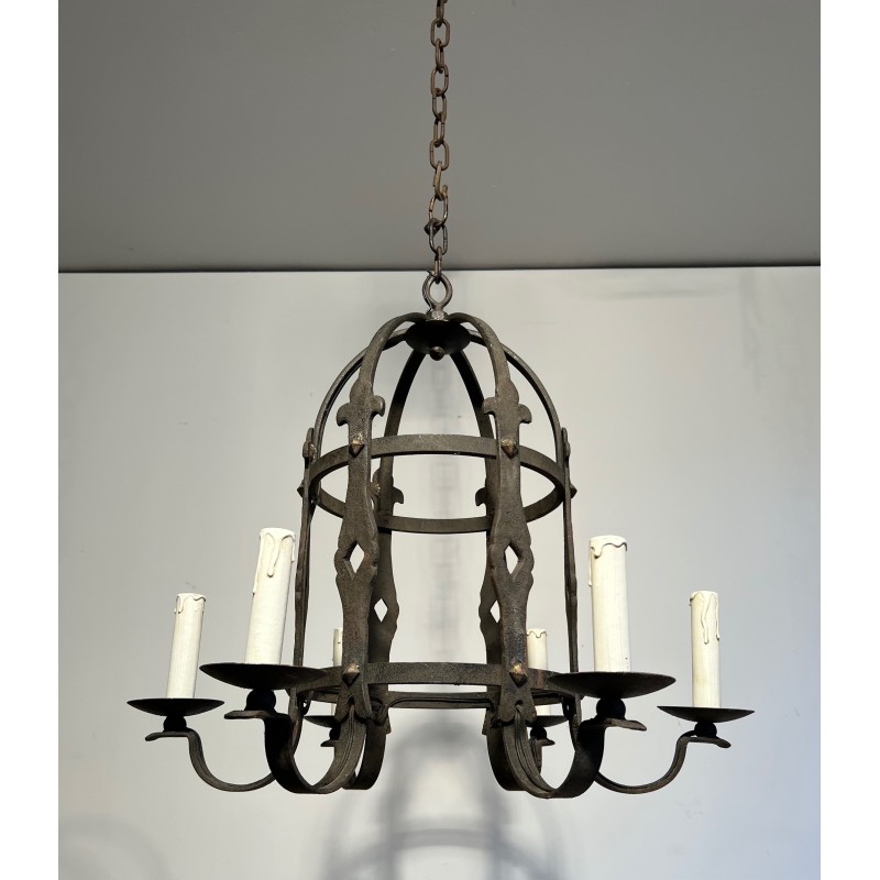 Lustre Cage à Six Bras de Lumière en Fer Forgé de Style Gothique, Travail Français, Vers 1950