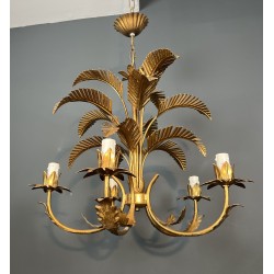 Five-Arm Gilt Iron Palm Tree Chandelier in the Style of Coco Chanel, French Work, Circa 1970