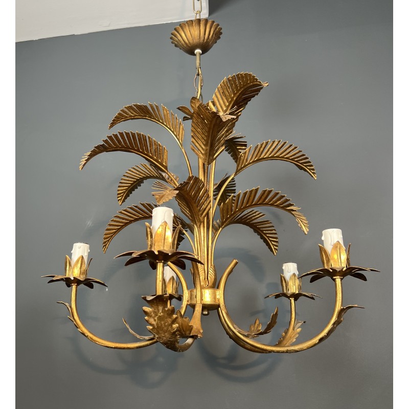Lustre Palmier à Cinq Bras de Lumière en Métal Doré de Style Coco Chanel, Travail Français, Vers 1970
