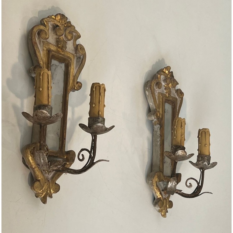 Pair of Art Déco Carved Wood Wall Lights with Mirror | Italian Work, circa 1935