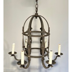 Lustre Cage à Six Bras de Lumière en Fer Forgé de Style Gothique, Travail Français, Vers 1950