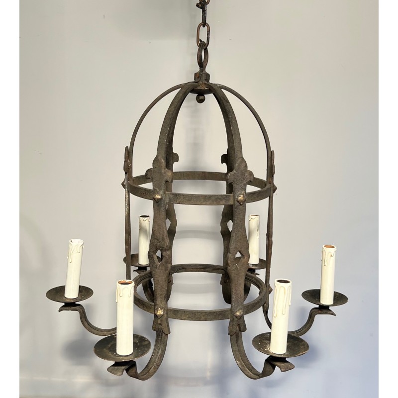 Lustre Cage à Six Bras de Lumière en Fer Forgé de Style Gothique, Travail Français, Vers 1950