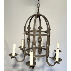 Lustre Cage à Six Bras de Lumière en Fer Forgé de Style Gothique, Travail Français, Vers 1950